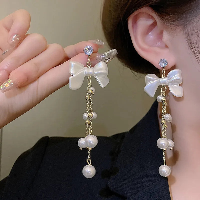 Long Bow pearl Tassel Korean Earrings