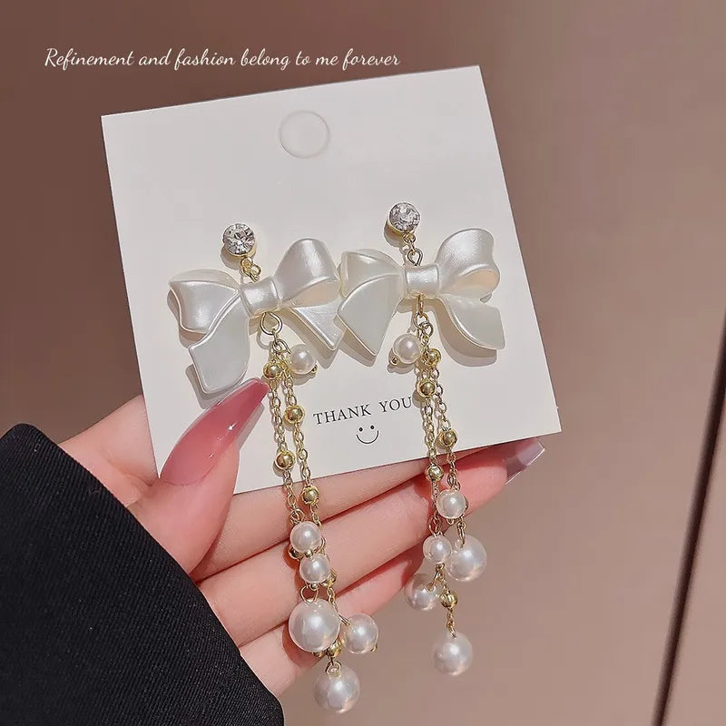 Long Bow pearl Tassel Korean Earrings