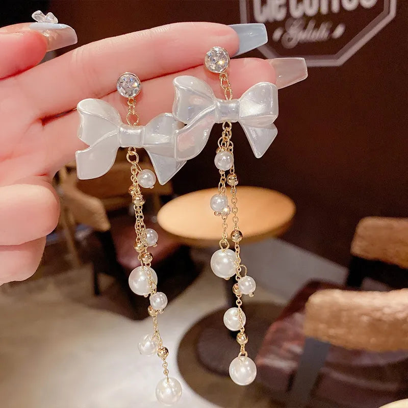 Long Bow pearl Tassel Korean Earrings