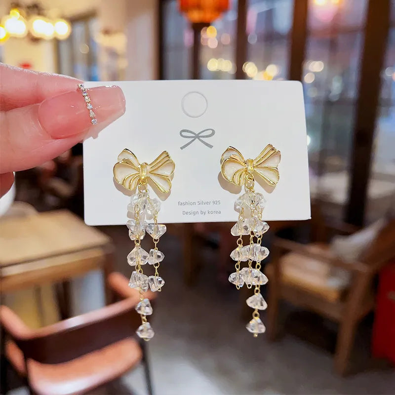 Elegant Bow Crystal Tassel Earrings