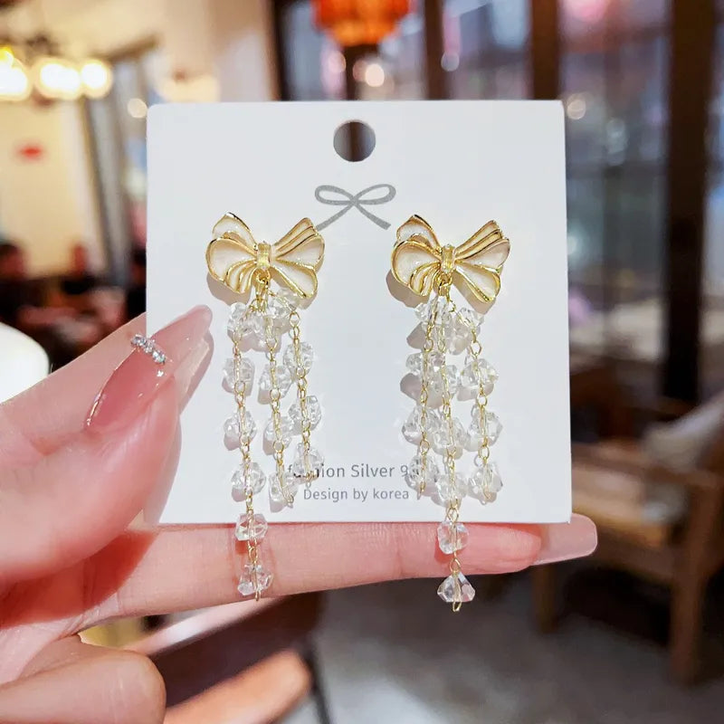 Elegant Bow Crystal Tassel Earrings